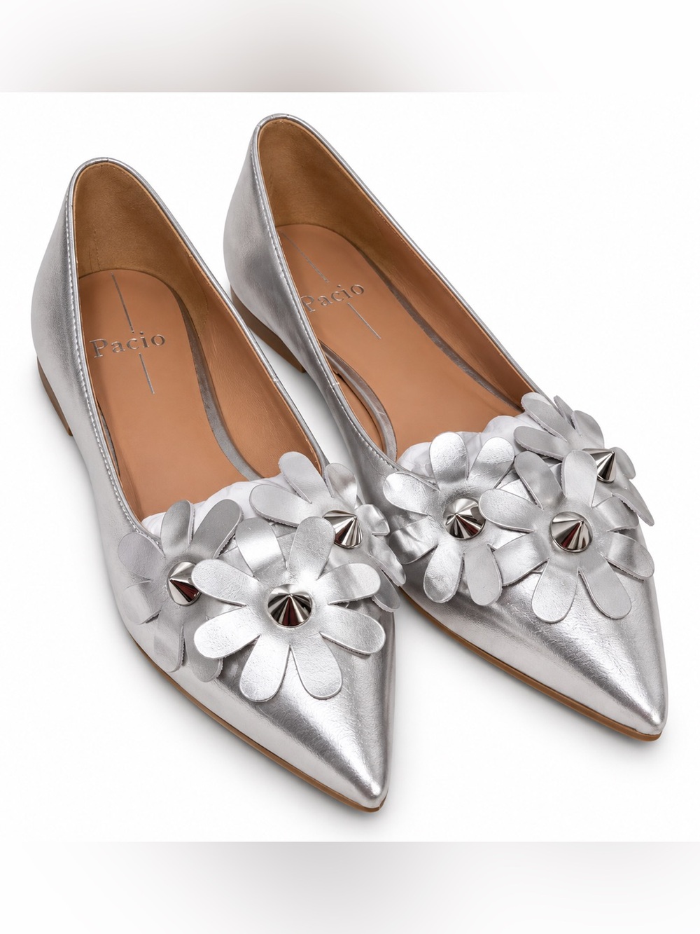 Women's Narcisus Silver Pointed Toe Floral Ballet Flats